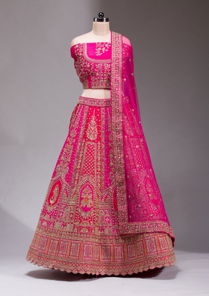 Rani Pink Zardosi Raw Silk Semi Stitched Lehenga