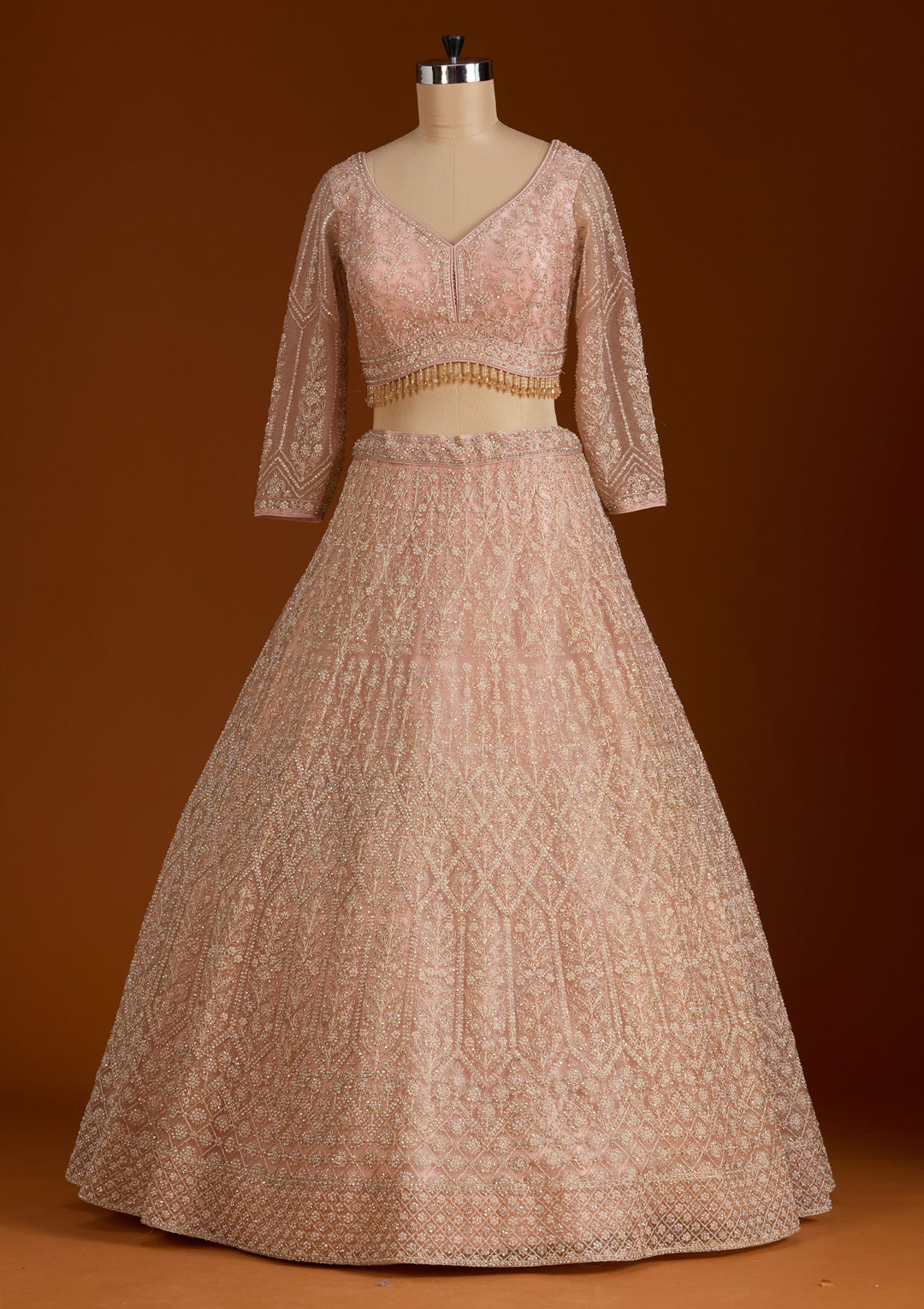 Baby Pink Silver Stonework Net Readymade Lehenga