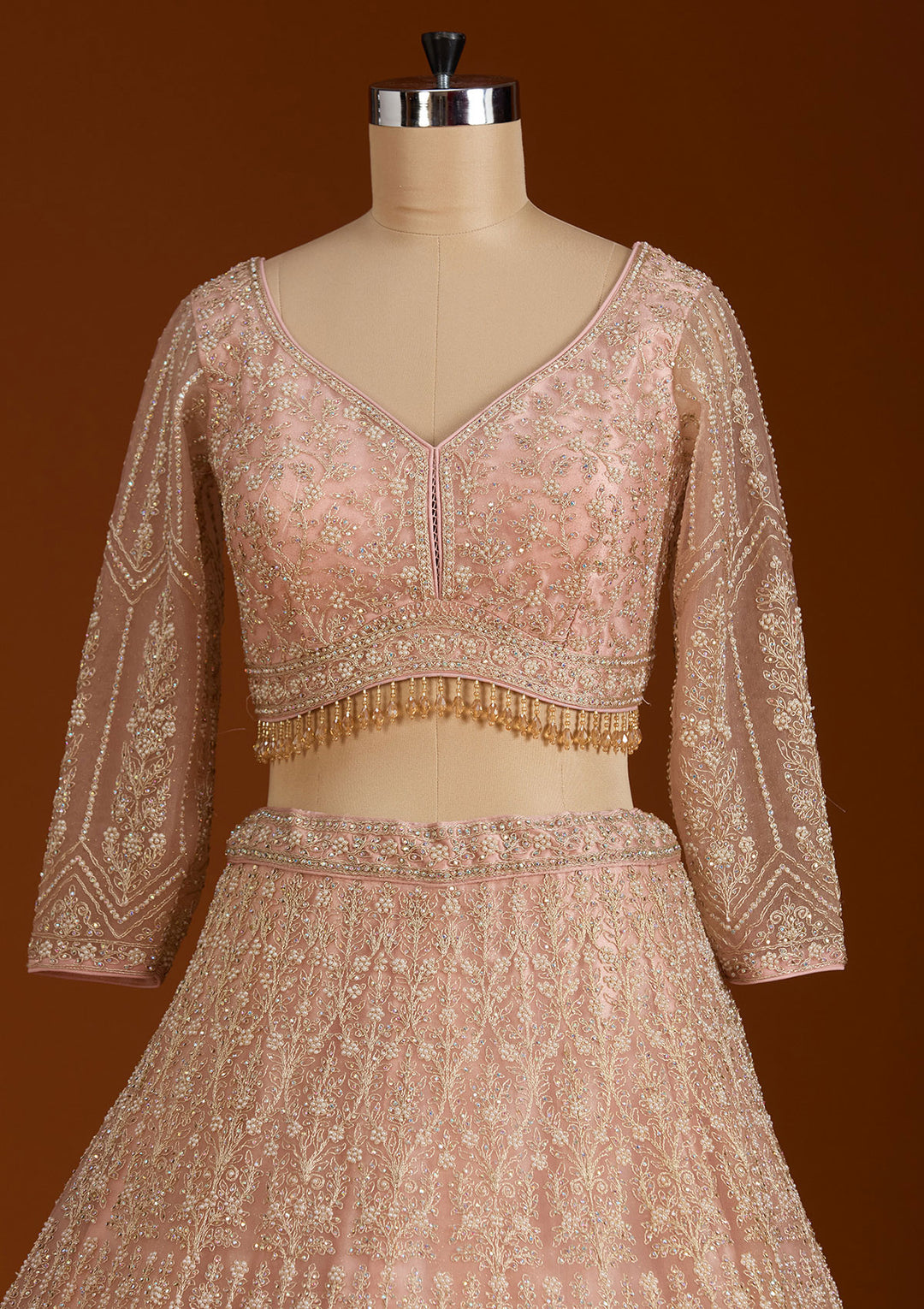 Baby Pink Silver Stonework Net Readymade Lehenga