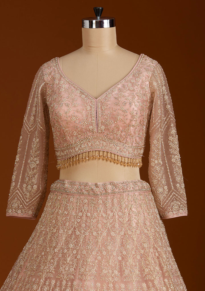 Baby Pink Silver Stonework Net Readymade Lehenga
