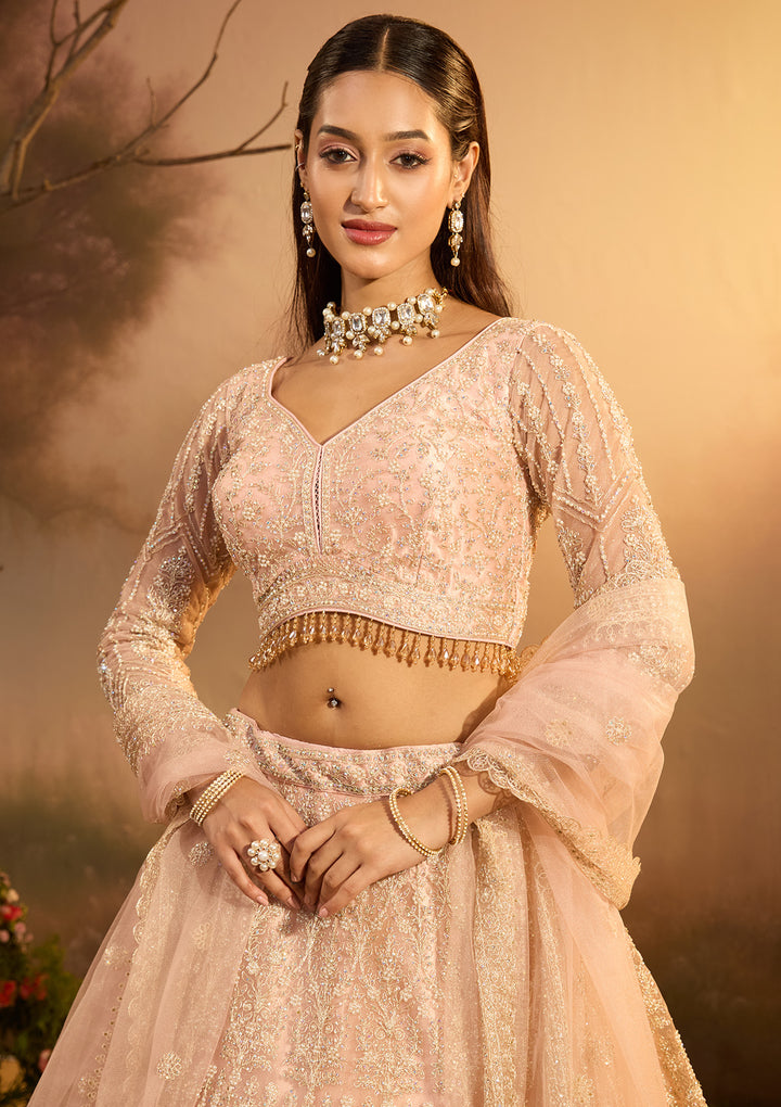 Baby Pink Silver Stonework Net Readymade Lehenga