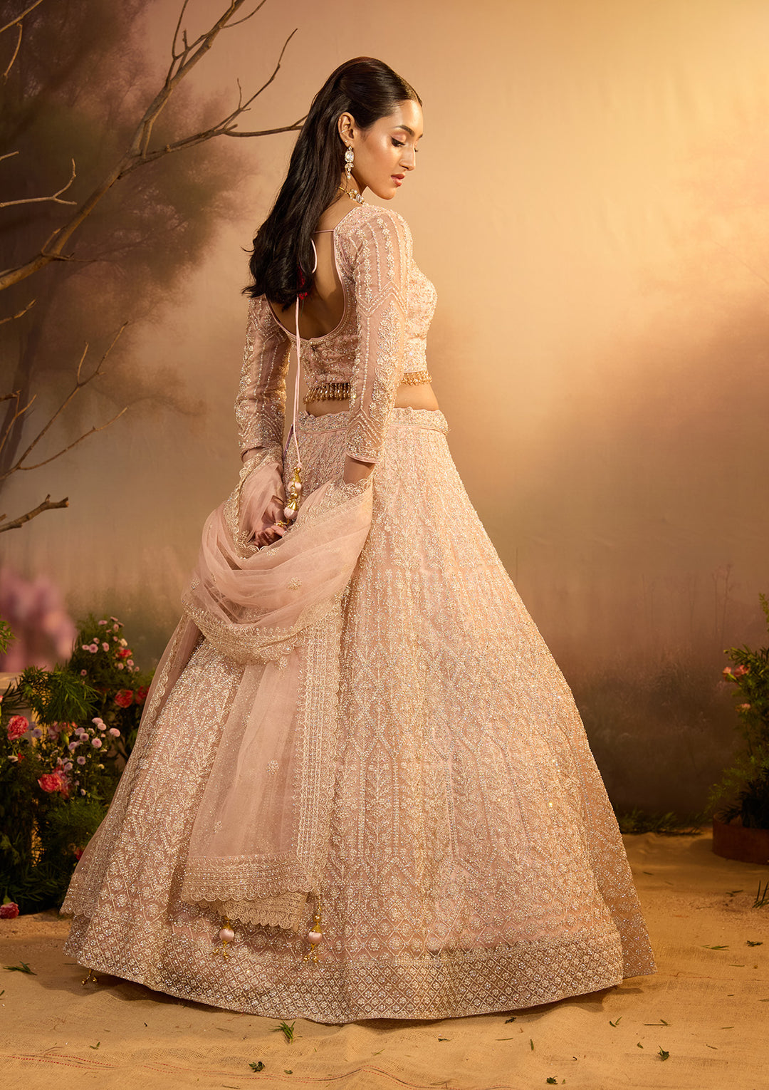 Baby Pink Silver Stonework Net Readymade Lehenga