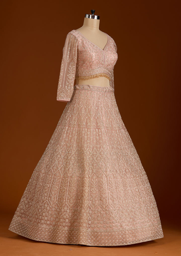 Baby Pink Silver Stonework Net Readymade Lehenga