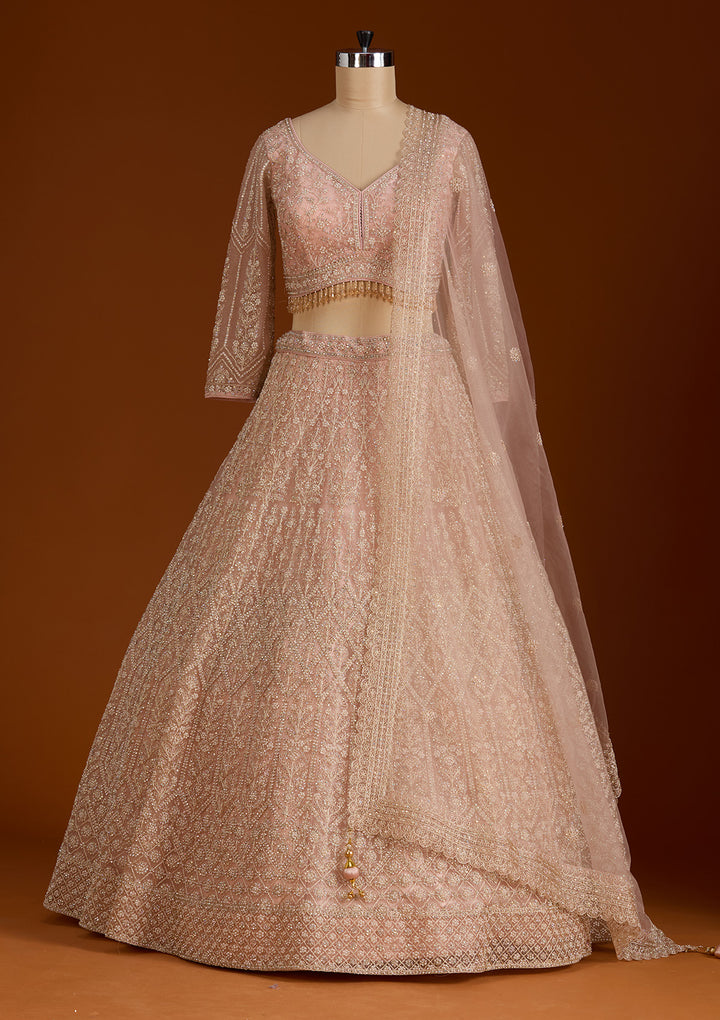 Baby Pink Silver Stonework Net Readymade Lehenga