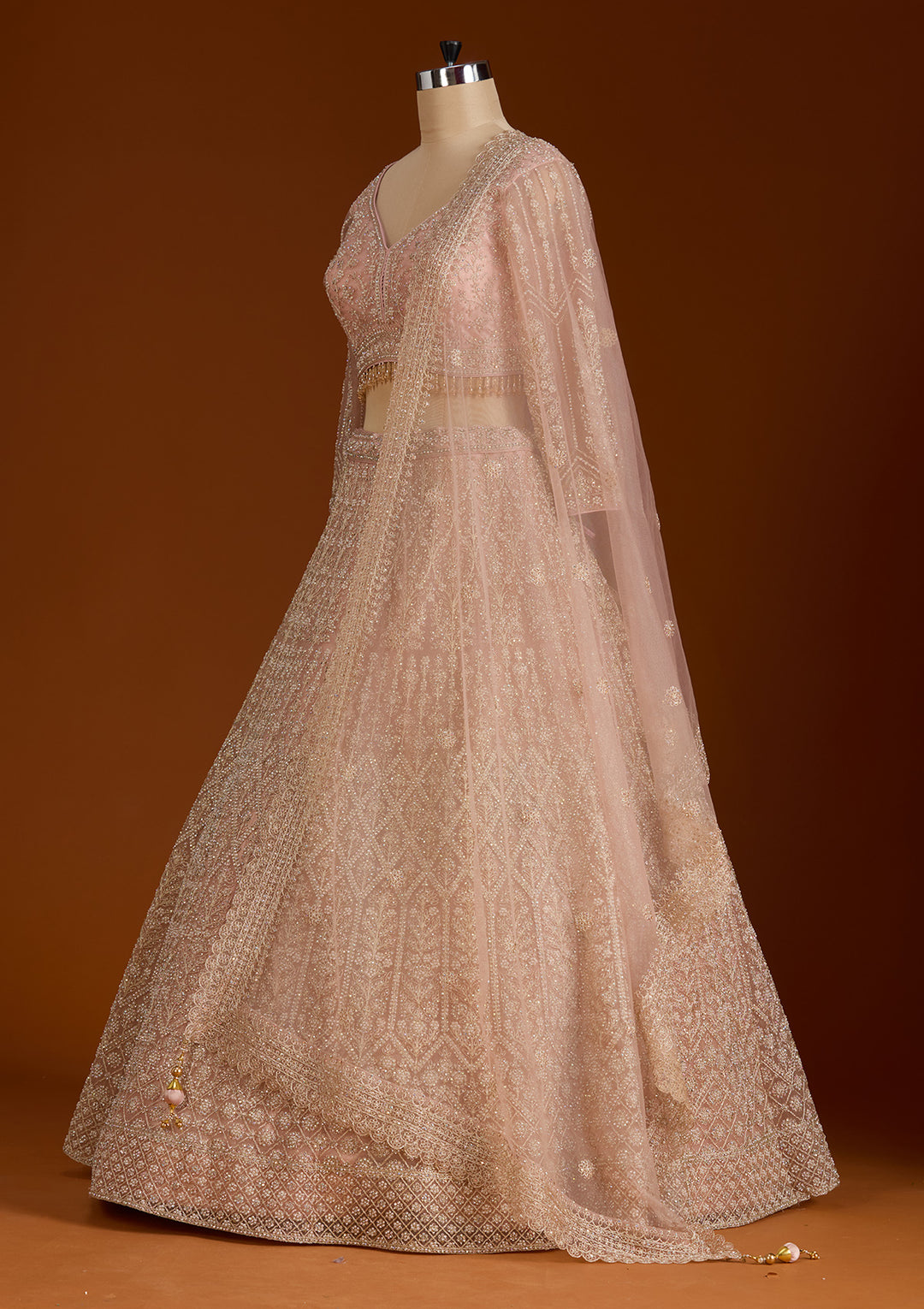 Baby Pink Silver Stonework Net Readymade Lehenga