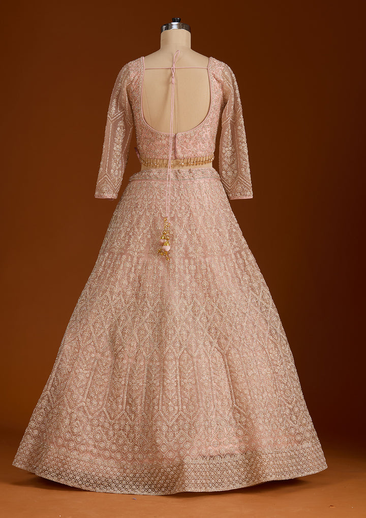 Baby Pink Silver Stonework Net Readymade Lehenga