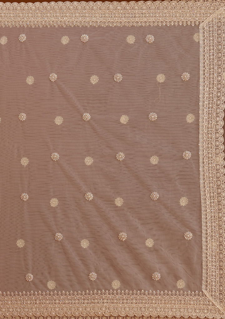 Off White Silver Stonework Net Readymade Lehenga