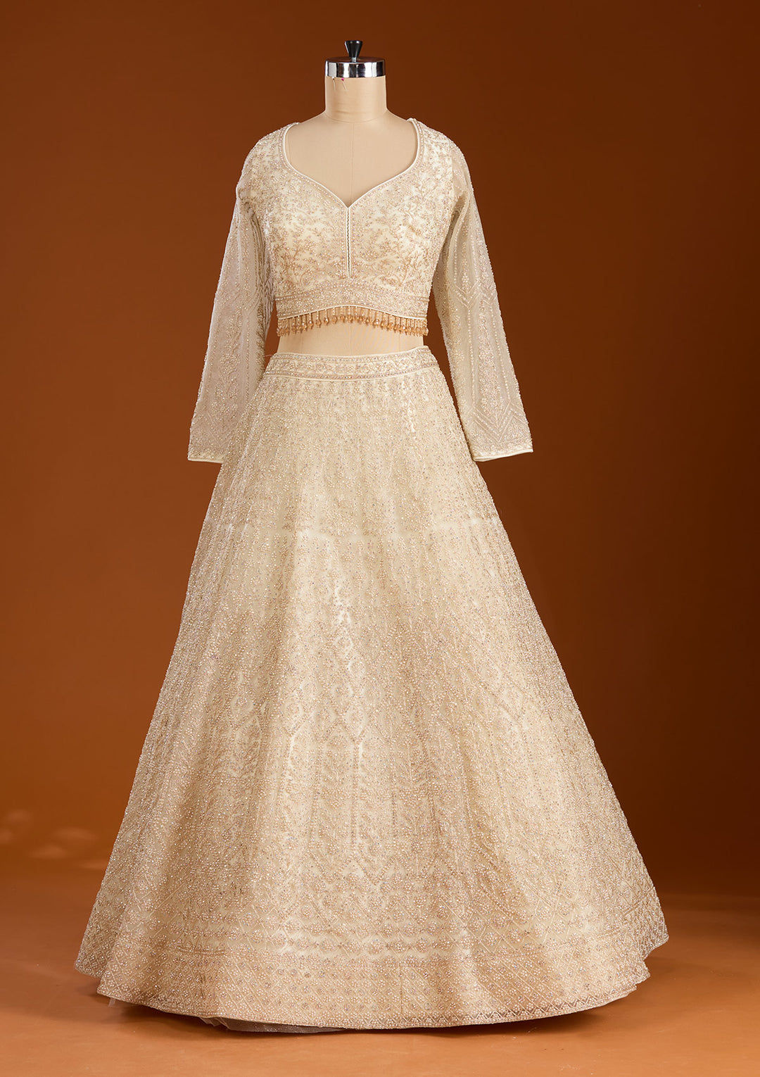 Off White Silver Stonework Net Readymade Lehenga