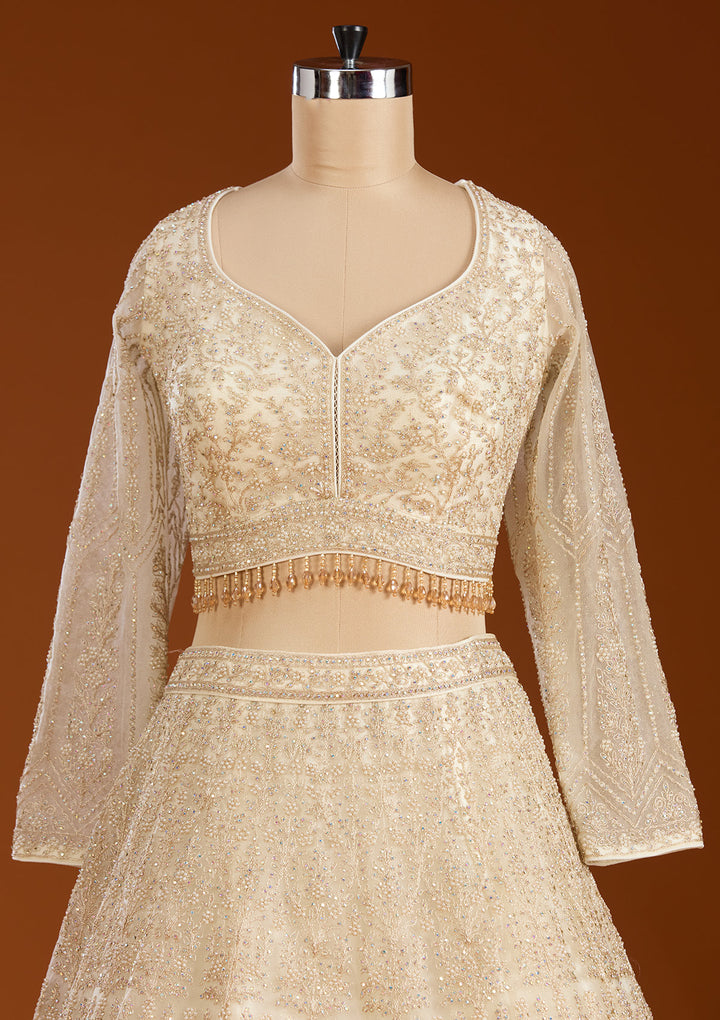 Off White Silver Stonework Net Readymade Lehenga