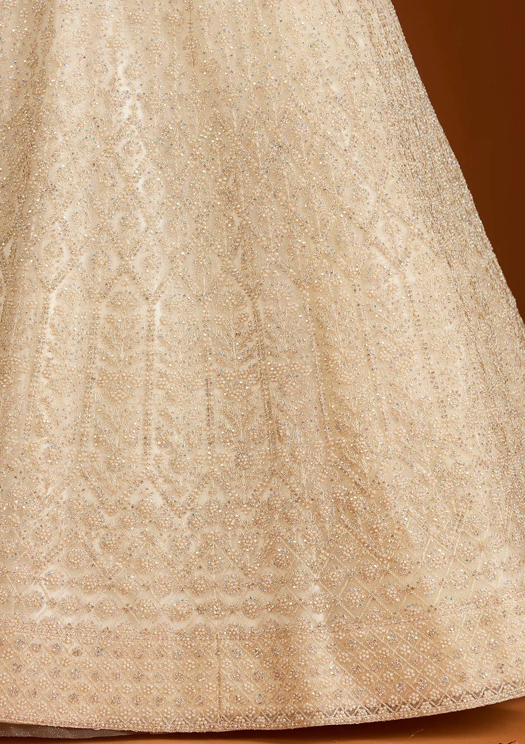 Off White Silver Stonework Net Readymade Lehenga