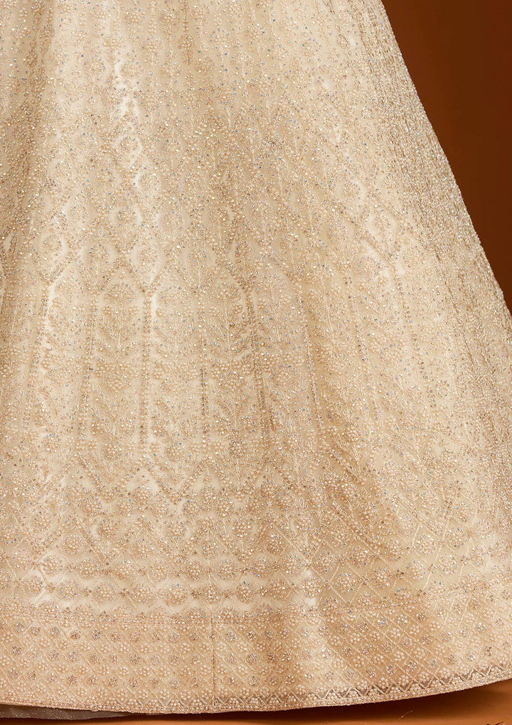 Off White Silver Stonework Net Readymade Lehenga