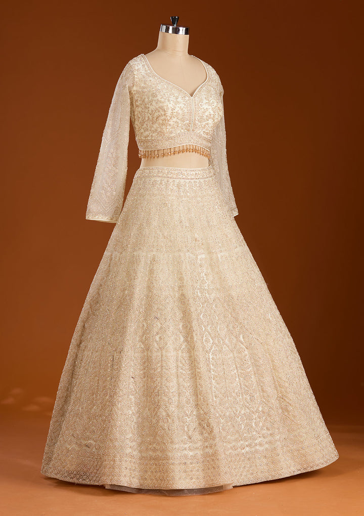 Off White Silver Stonework Net Readymade Lehenga