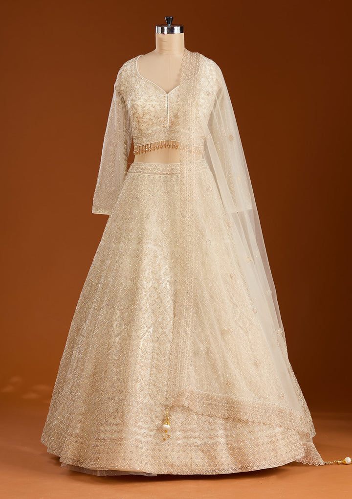 Off White Silver Stonework Net Readymade Lehenga