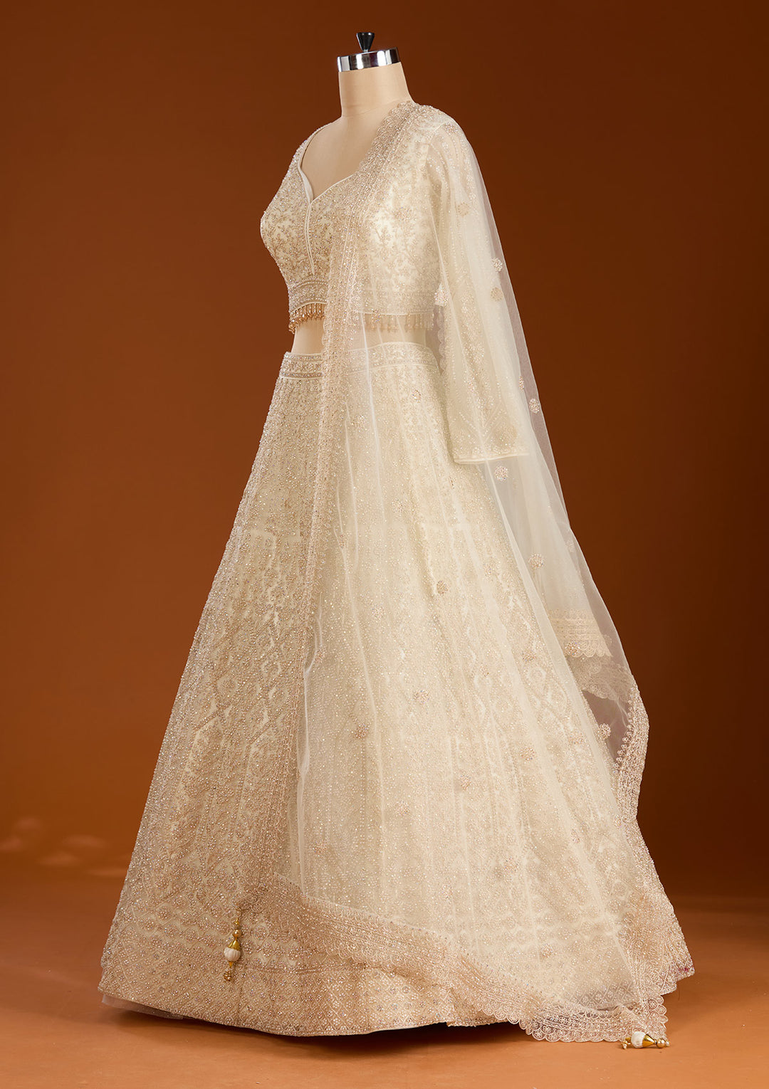 Off White Silver Stonework Net Readymade Lehenga