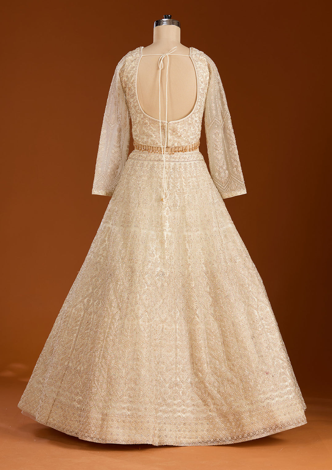 Off White Silver Stonework Net Readymade Lehenga