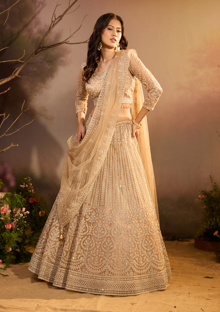 Beige Silver Stonework Net Readymade Lehenga