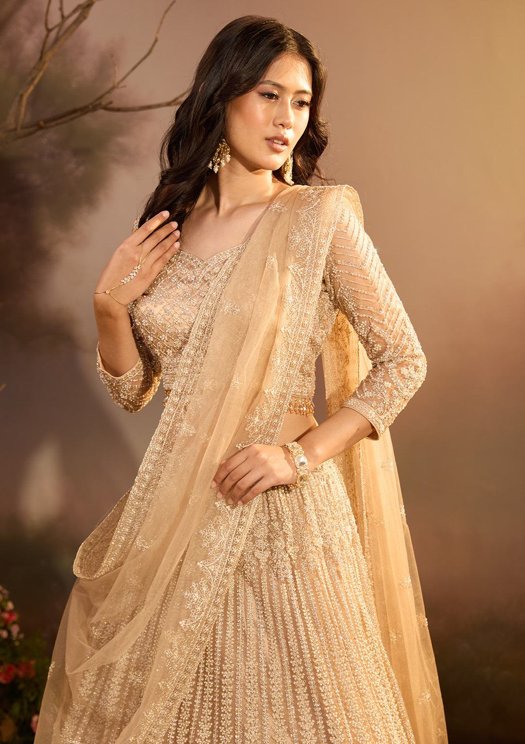 Beige Silver Stonework Net Readymade Lehenga