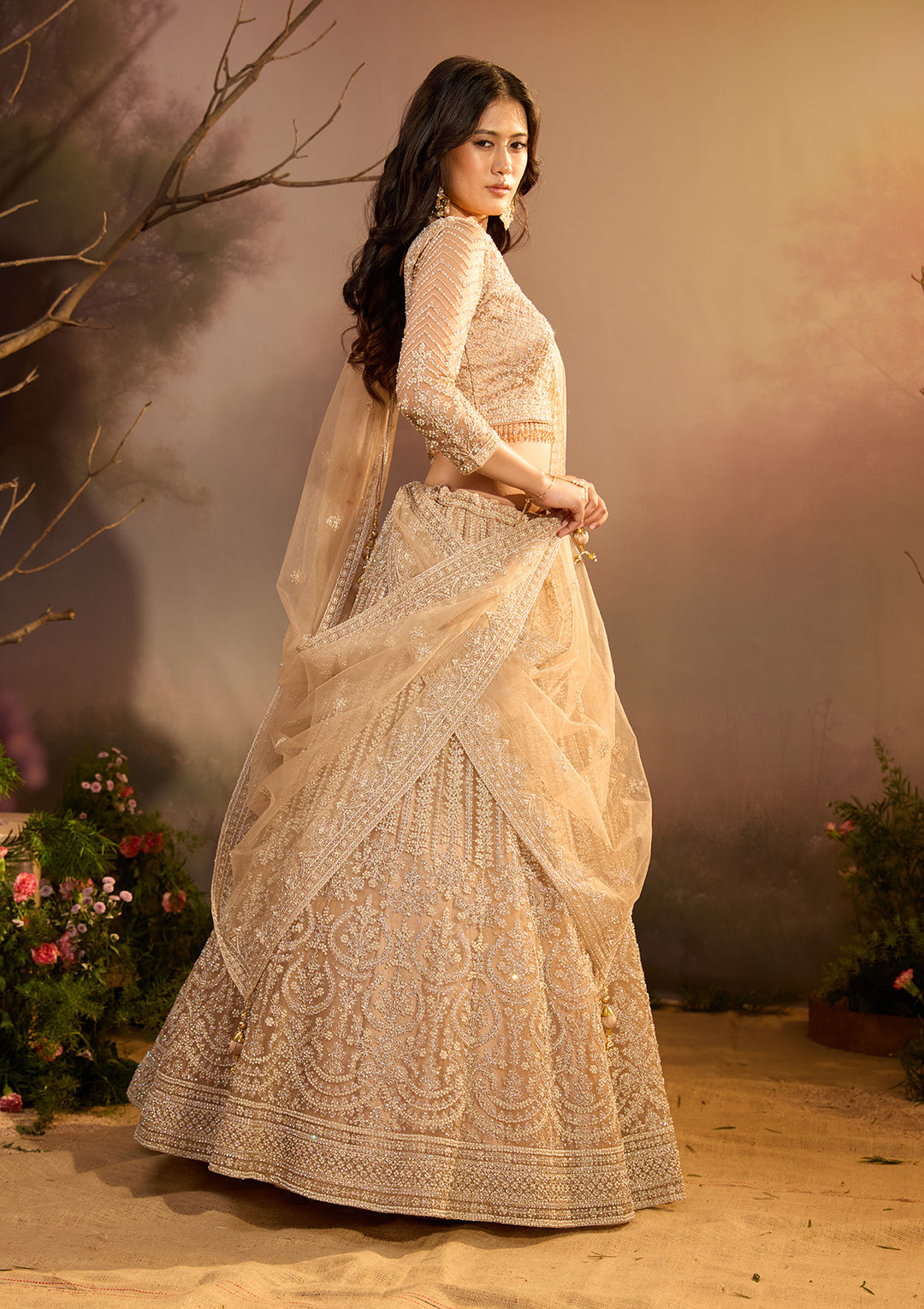Beige Silver Stonework Net Readymade Lehenga