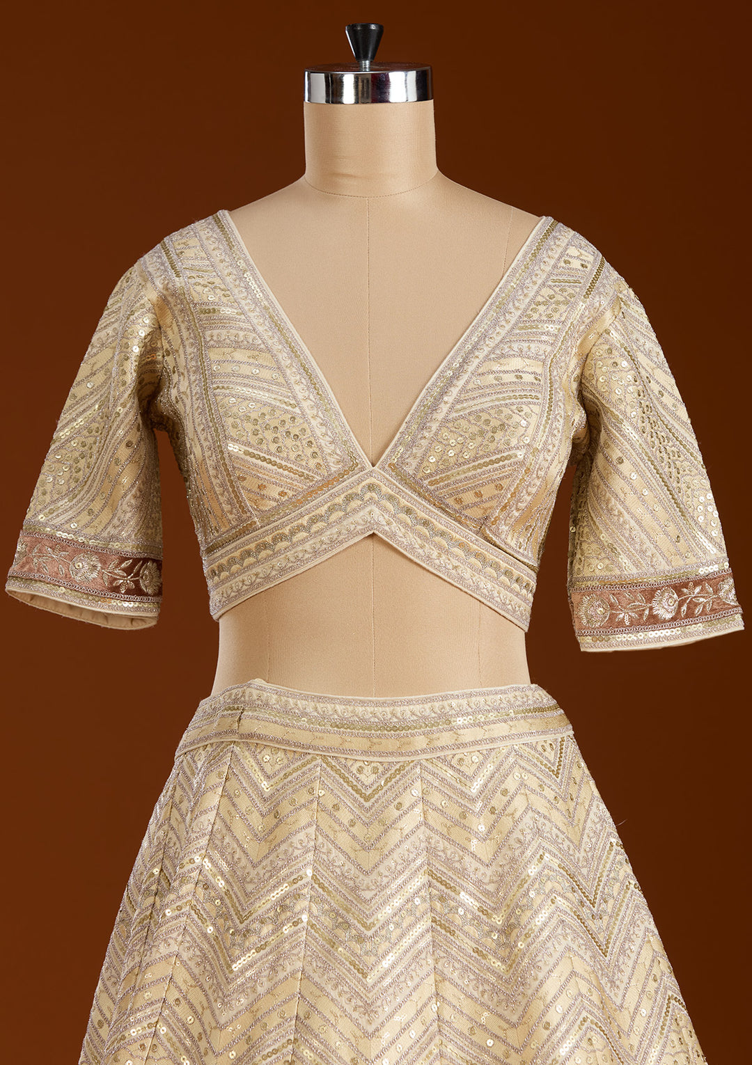 Beige Zariwork Net Readymade Lehenga