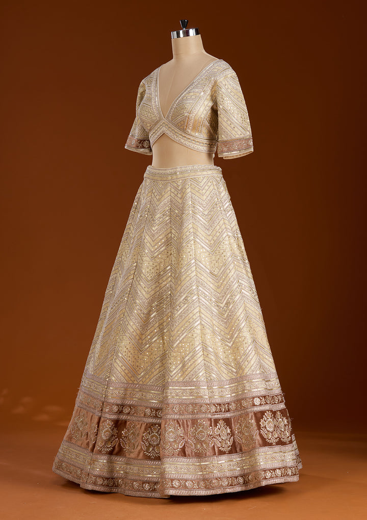 Beige Zariwork Net Readymade Lehenga