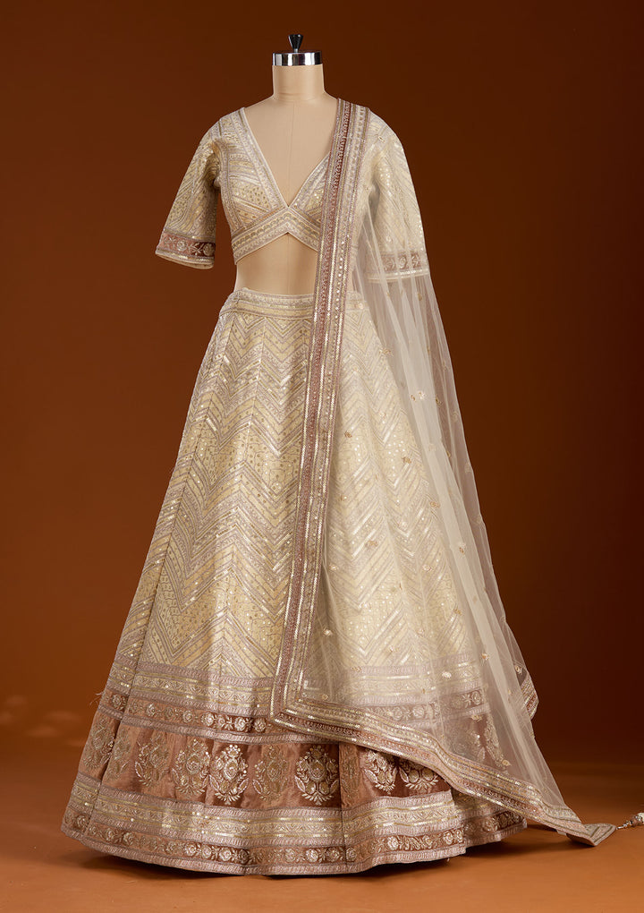 Beige Zariwork Net Readymade Lehenga