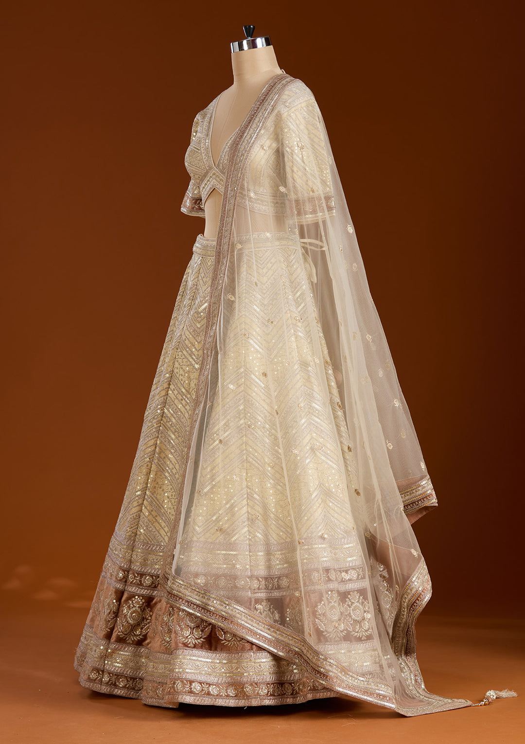 Beige Zariwork Net Readymade Lehenga