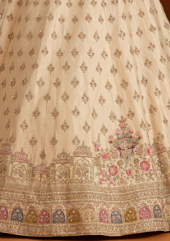 Cream Zardosi Raw Silk Semi-Stitched Lehenga