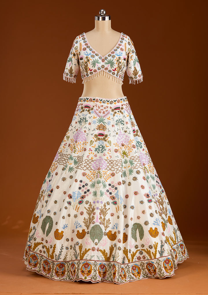 Cream Threadwork Raw Silk Readymade Lehenga