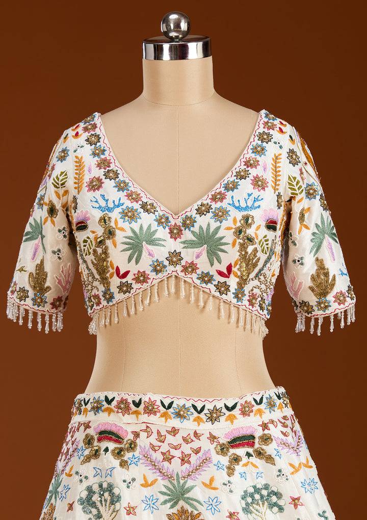 Cream Threadwork Raw Silk Readymade Lehenga