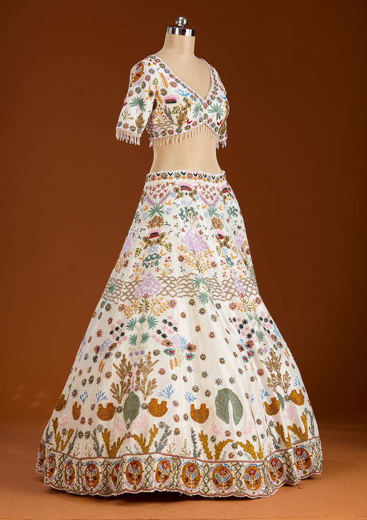Cream Threadwork Raw Silk Readymade Lehenga
