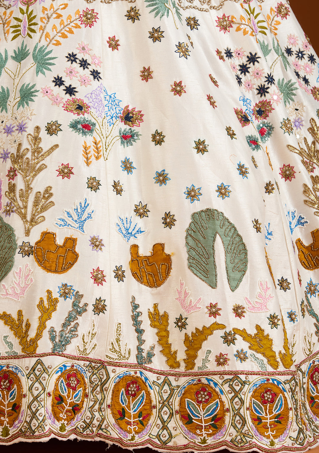 Cream Threadwork Raw Silk Readymade Lehenga