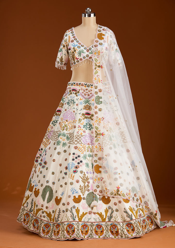 Cream Threadwork Raw Silk Readymade Lehenga