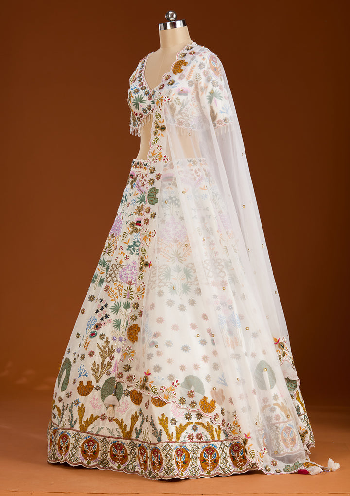 Cream Threadwork Raw Silk Readymade Lehenga