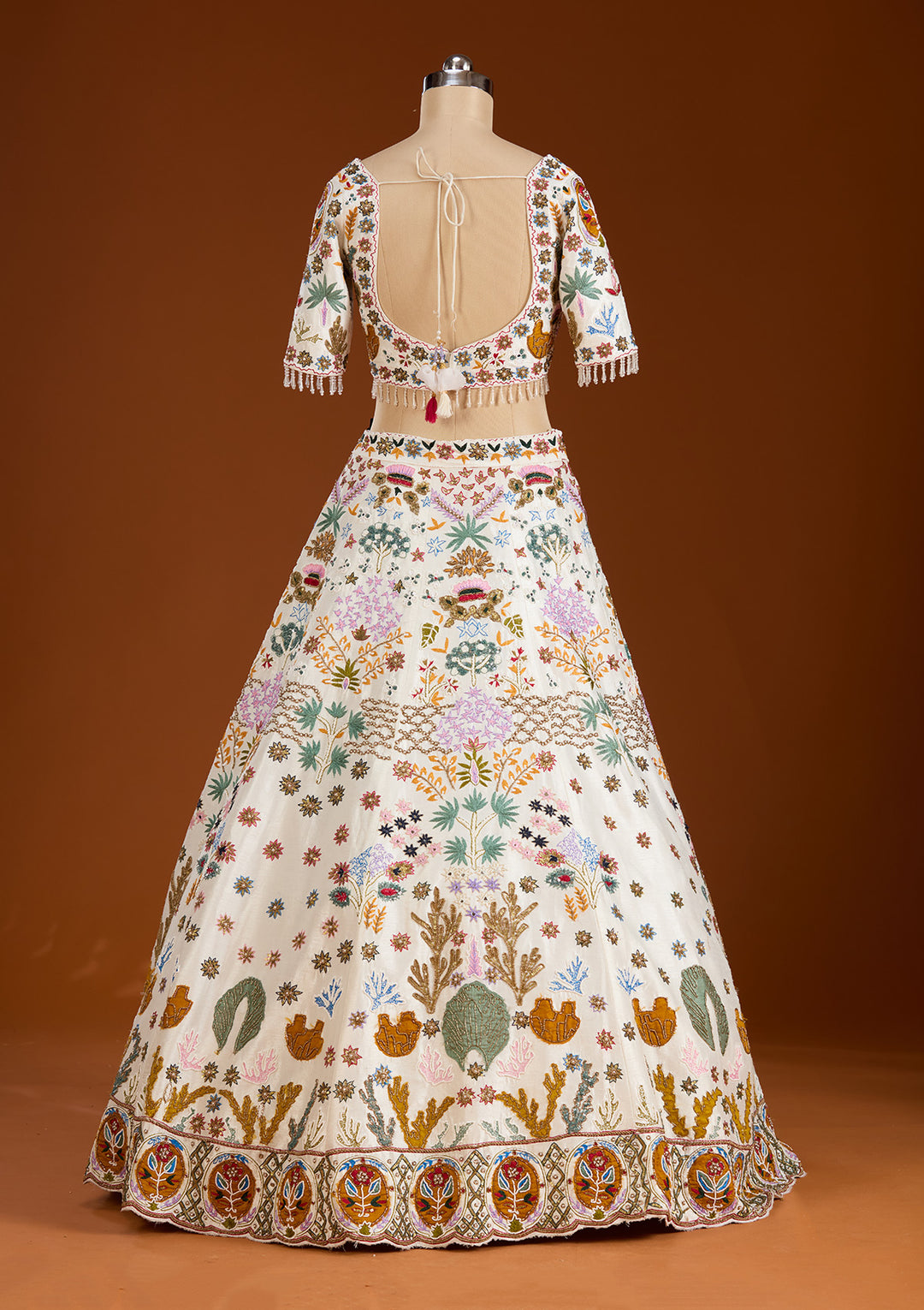 Cream Threadwork Raw Silk Readymade Lehenga