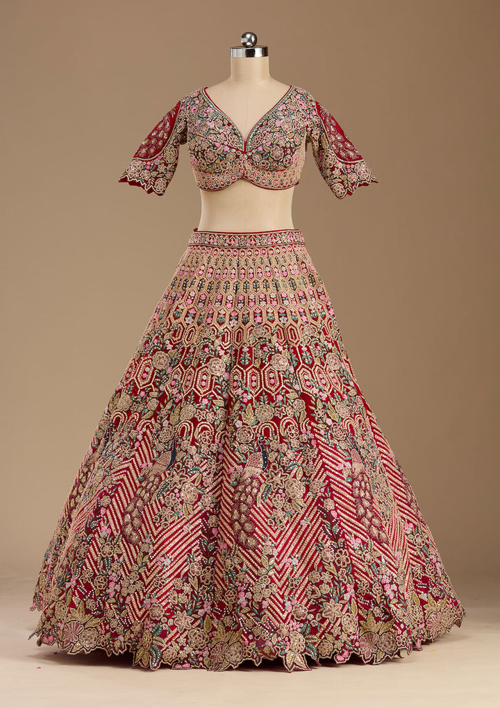 Red Threadwork Net Readymade Lehenga