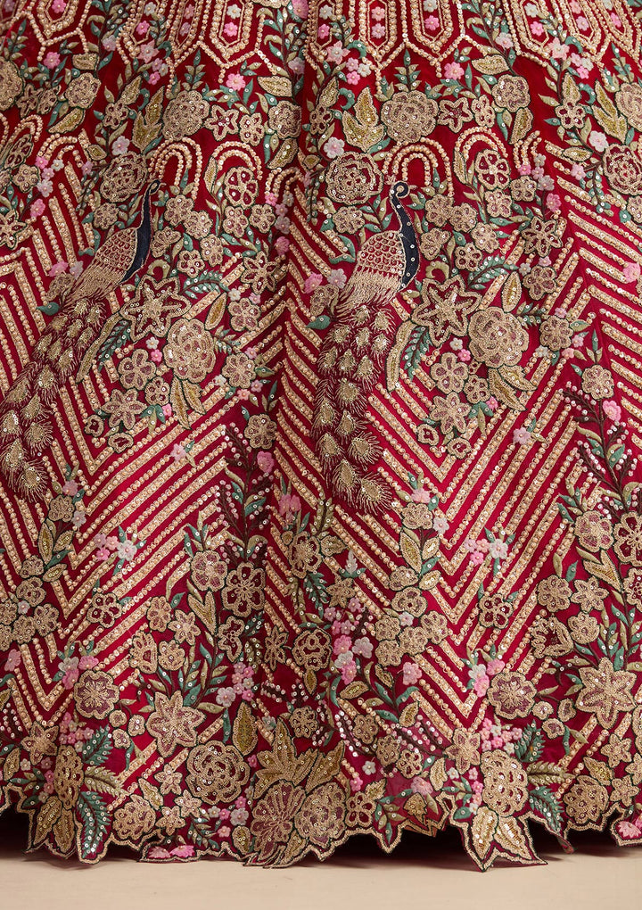 Red Threadwork Net Readymade Lehenga