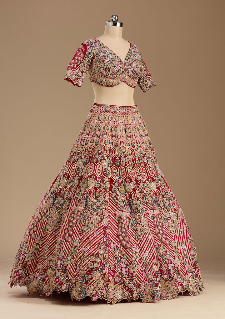 Red Threadwork Net Readymade Lehenga