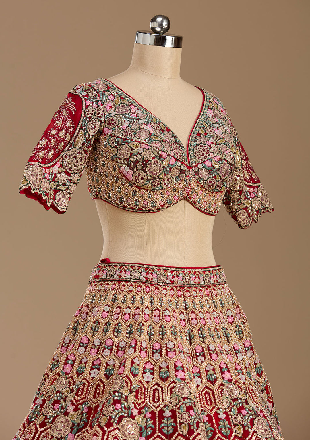 Red Threadwork Net Readymade Lehenga