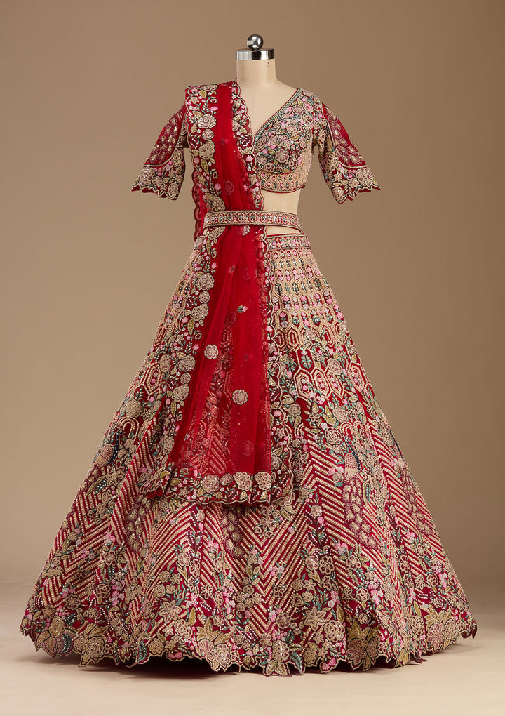 Red Threadwork Net Readymade Lehenga