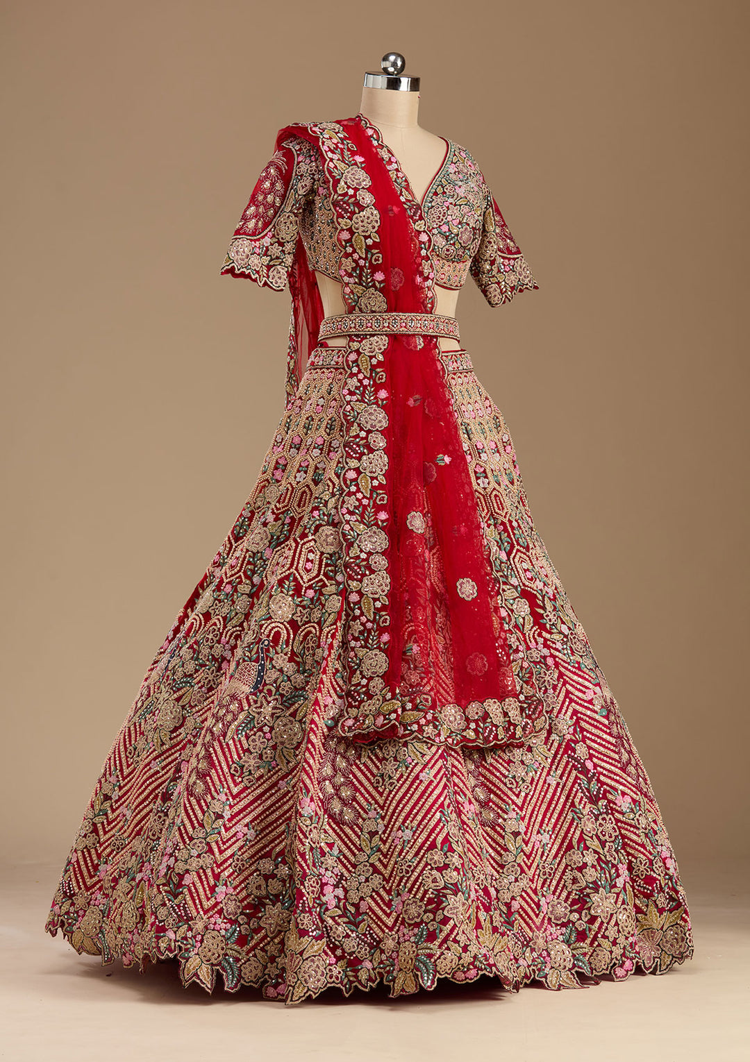 Red Threadwork Net Readymade Lehenga