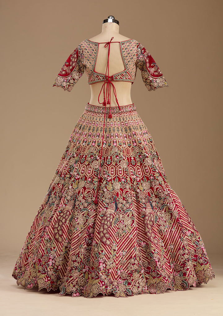 Red Threadwork Net Readymade Lehenga