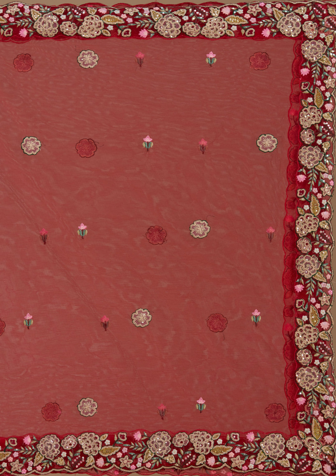 Red Threadwork Net Readymade Lehenga