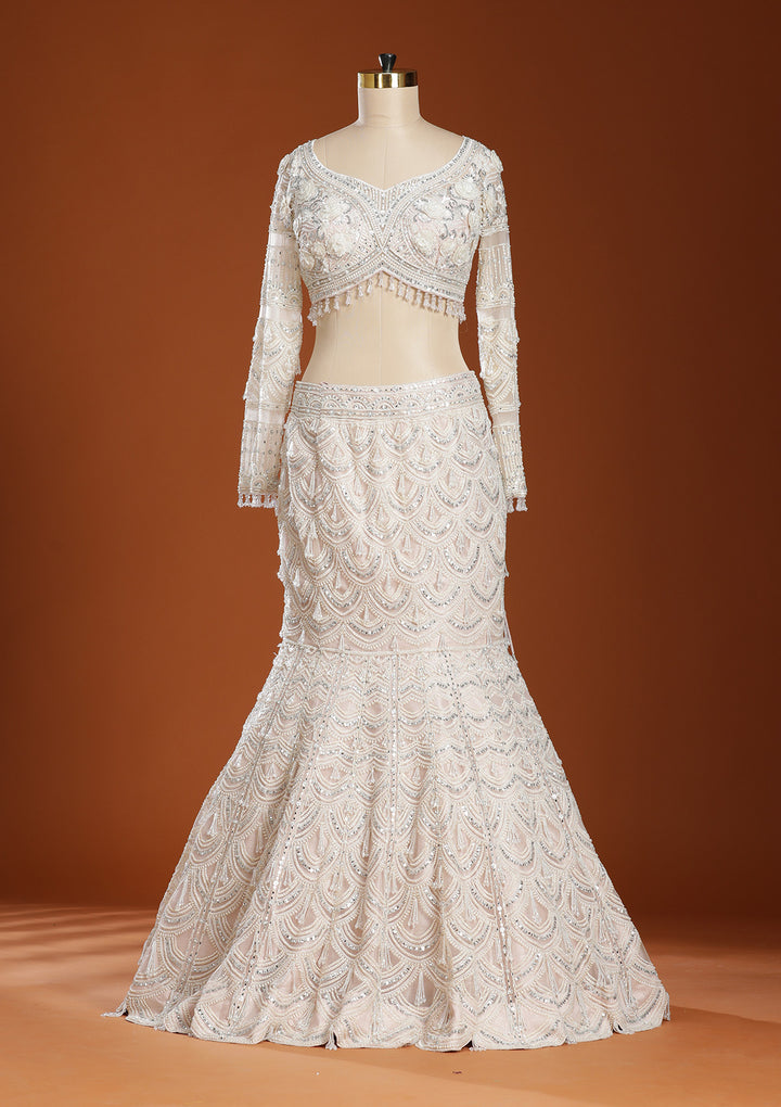 Peach Pearlwork Net Readymade Lehenga