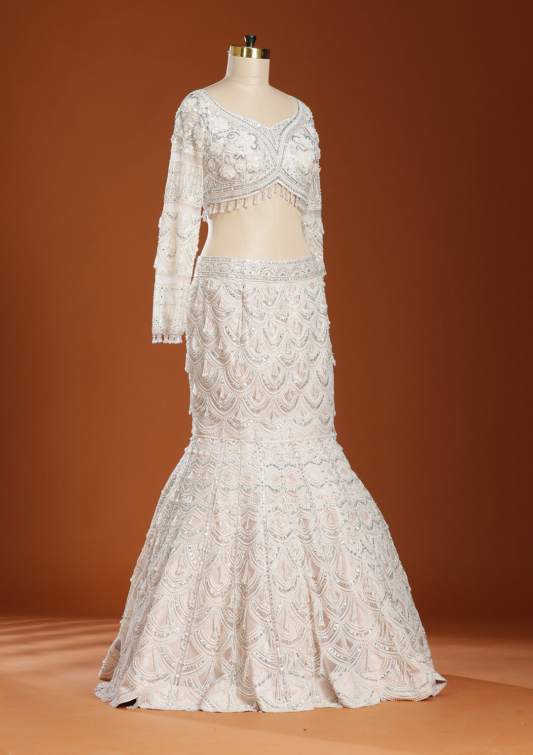 Peach Pearlwork Net Readymade Lehenga