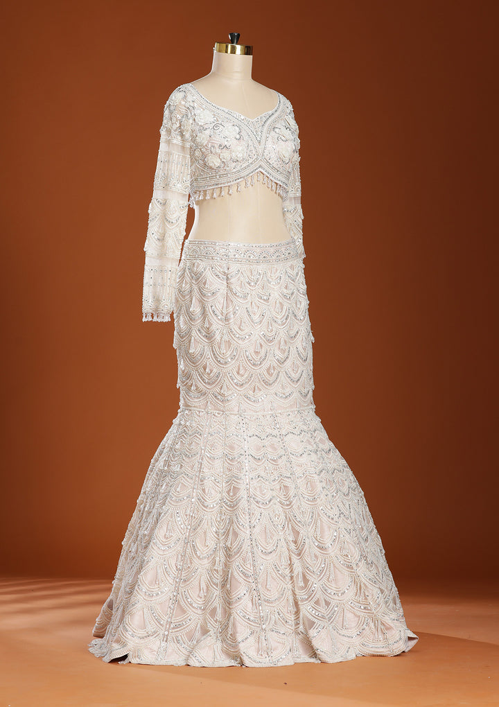 Peach Pearlwork Net Readymade Lehenga
