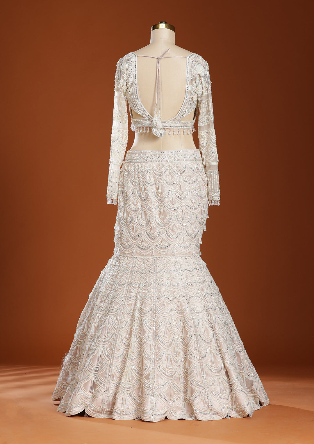 Peach Pearlwork Net Readymade Lehenga