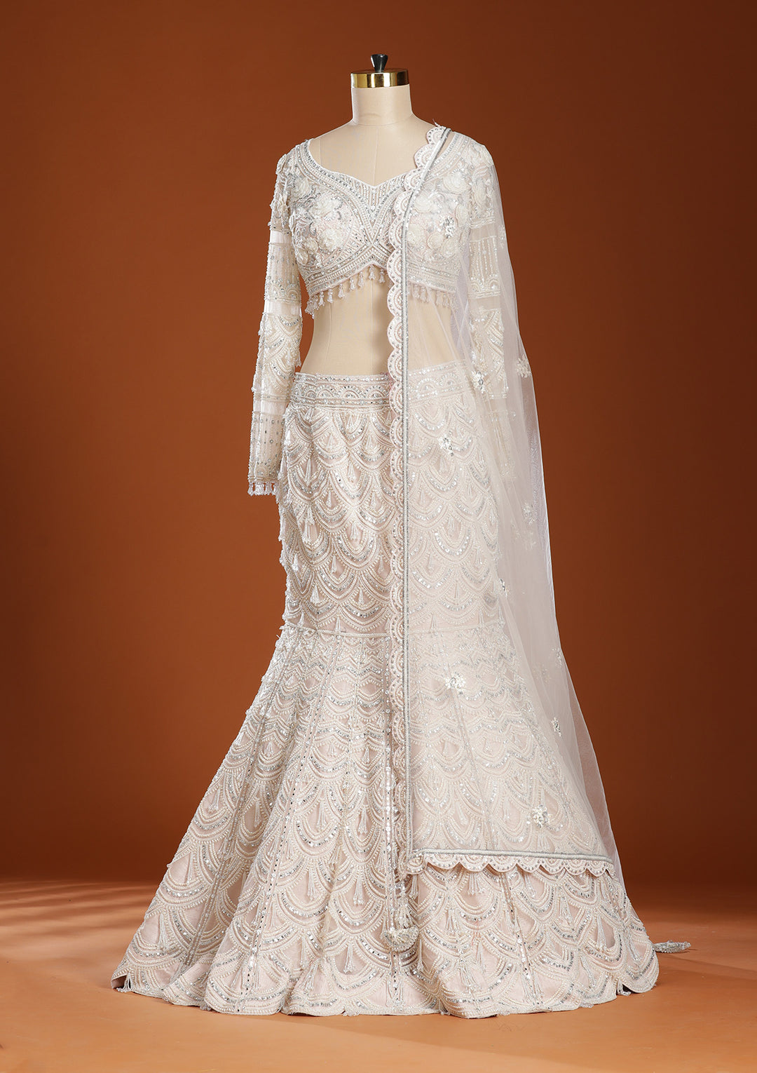 Peach Pearlwork Net Readymade Lehenga