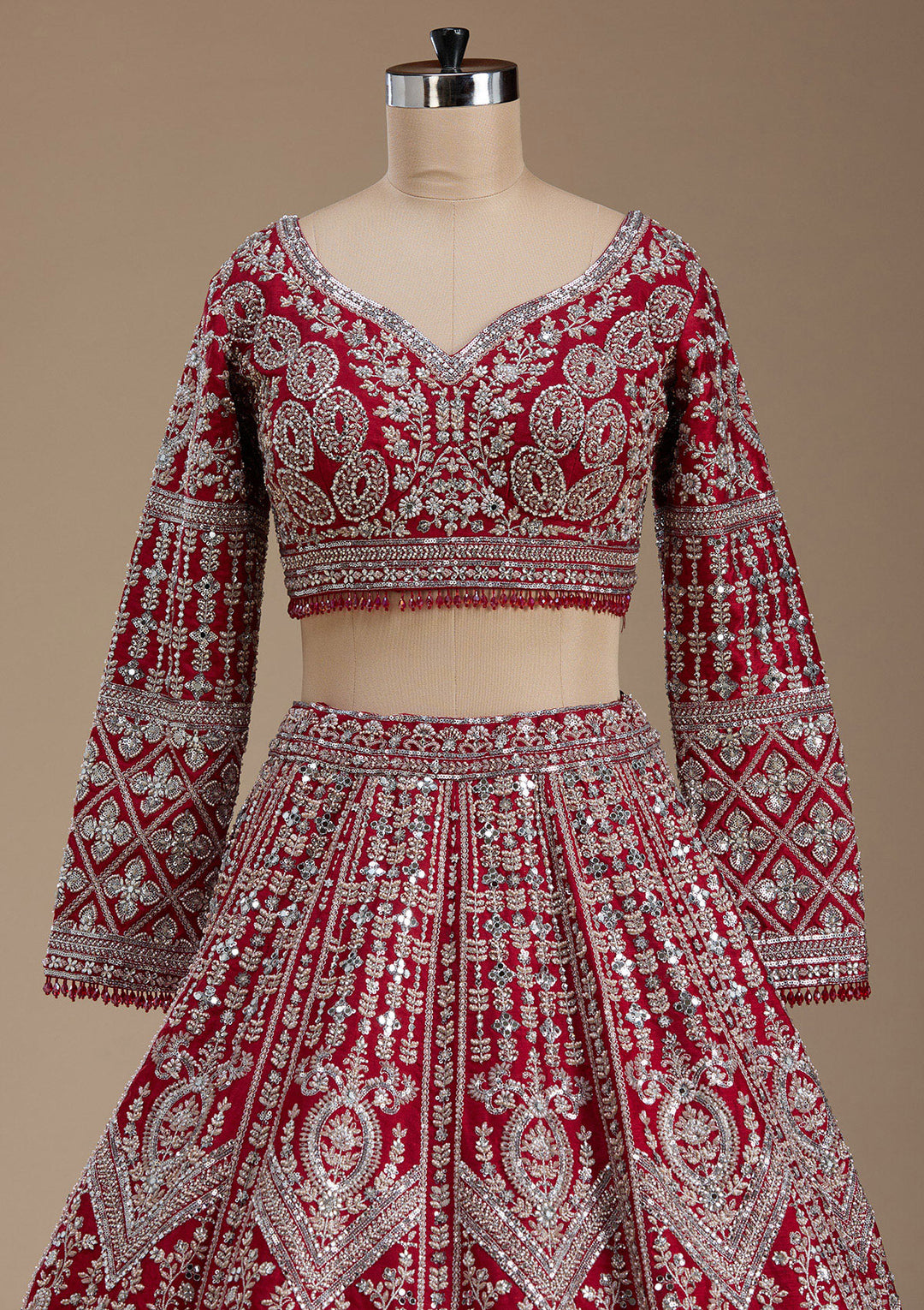 Red Silver Zariwork Raw Silk Readymade Lehenga