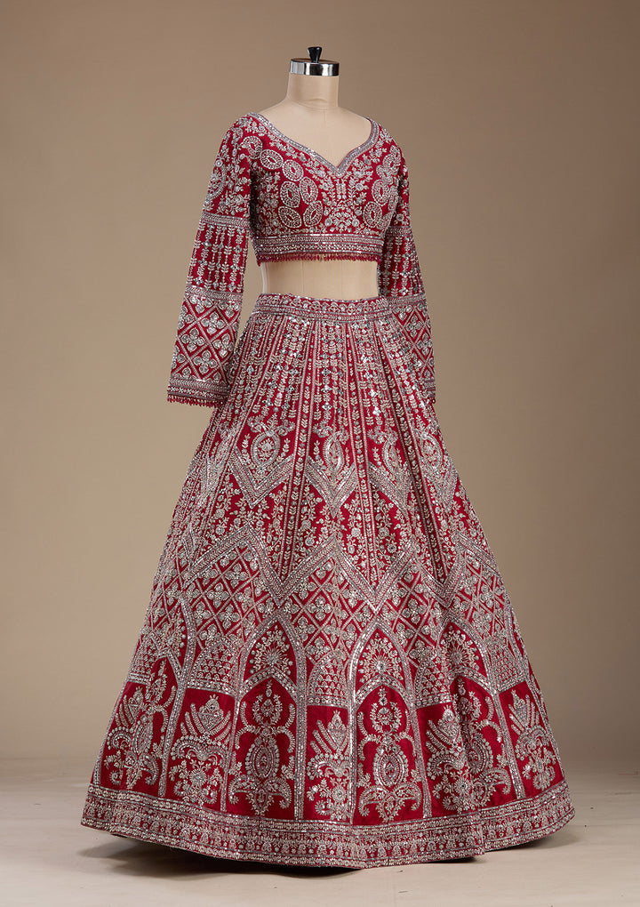Red Silver Zariwork Raw Silk Readymade Lehenga