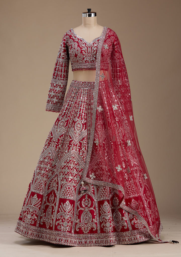 Red Silver Zariwork Raw Silk Readymade Lehenga